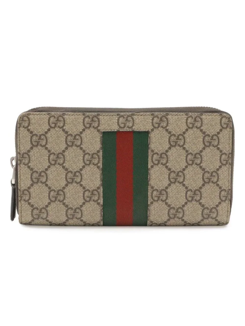 Gucci GG Supreme Sherry Line Web Zip Around Wallet Leather Khaki Beige Dark